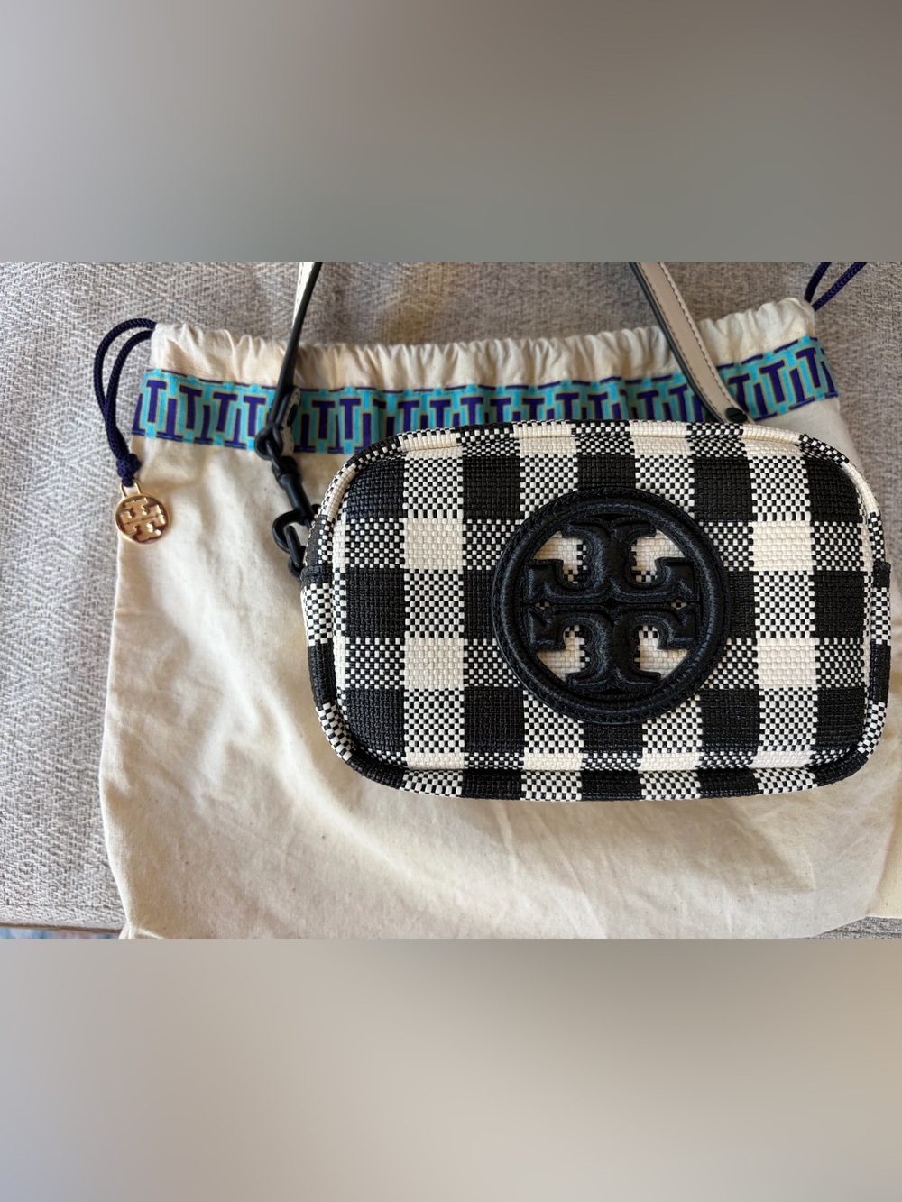 Tory Burch Black and White Gingham Logo Crossbody
